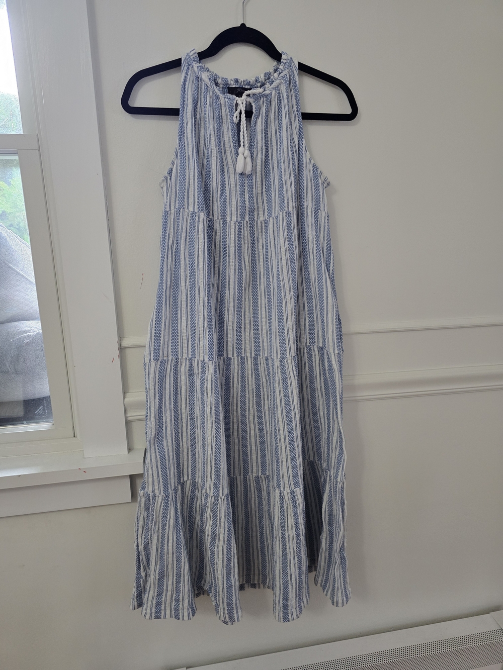 J. Crew Blue and White Striped Tiered Halter Maxi Dress